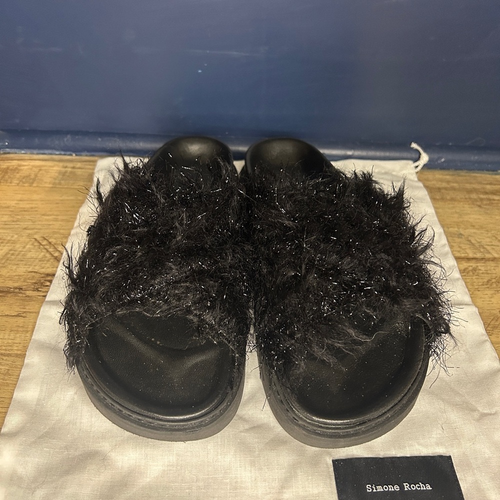 Simone Rocha Black Faux Fur Slides Sandals Women’s Size 39 (Made in Italy) - Picture 2 of 5